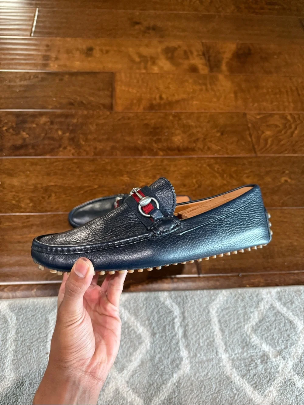 Gucci Navy Leather Horsebit-Detail Loafers